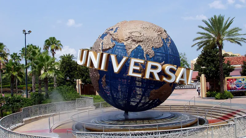 The giant rotating Universal globe and fountain at the entrance to Universal Studios Florida, with palm trees and blue sky